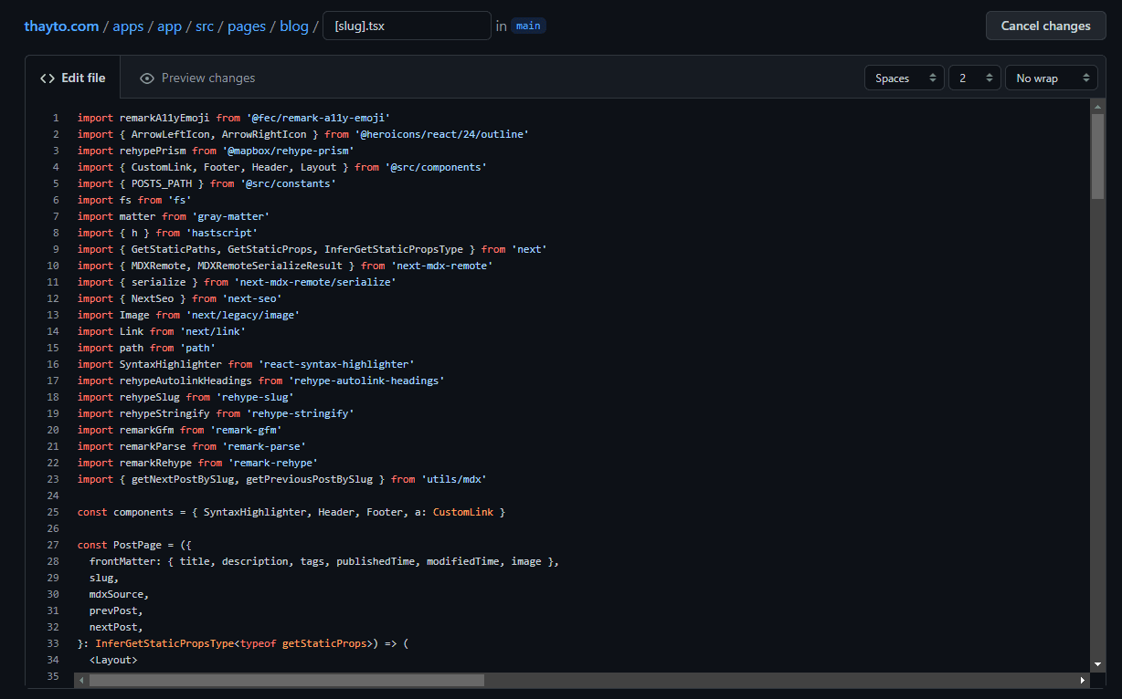 Tela de edição padrão do GitHub