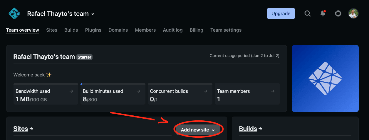 Imagem mostrando uma seta apontando para o botão Add new site