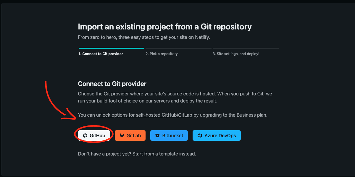 Imagem mostrando uma seta apontando para o ícone do GitHub que é o provider que devemos selecionar